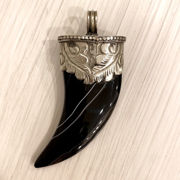 Large Natural Black Onyx Horn & Silver Pendant / Enhancer - Picture 2 of 4